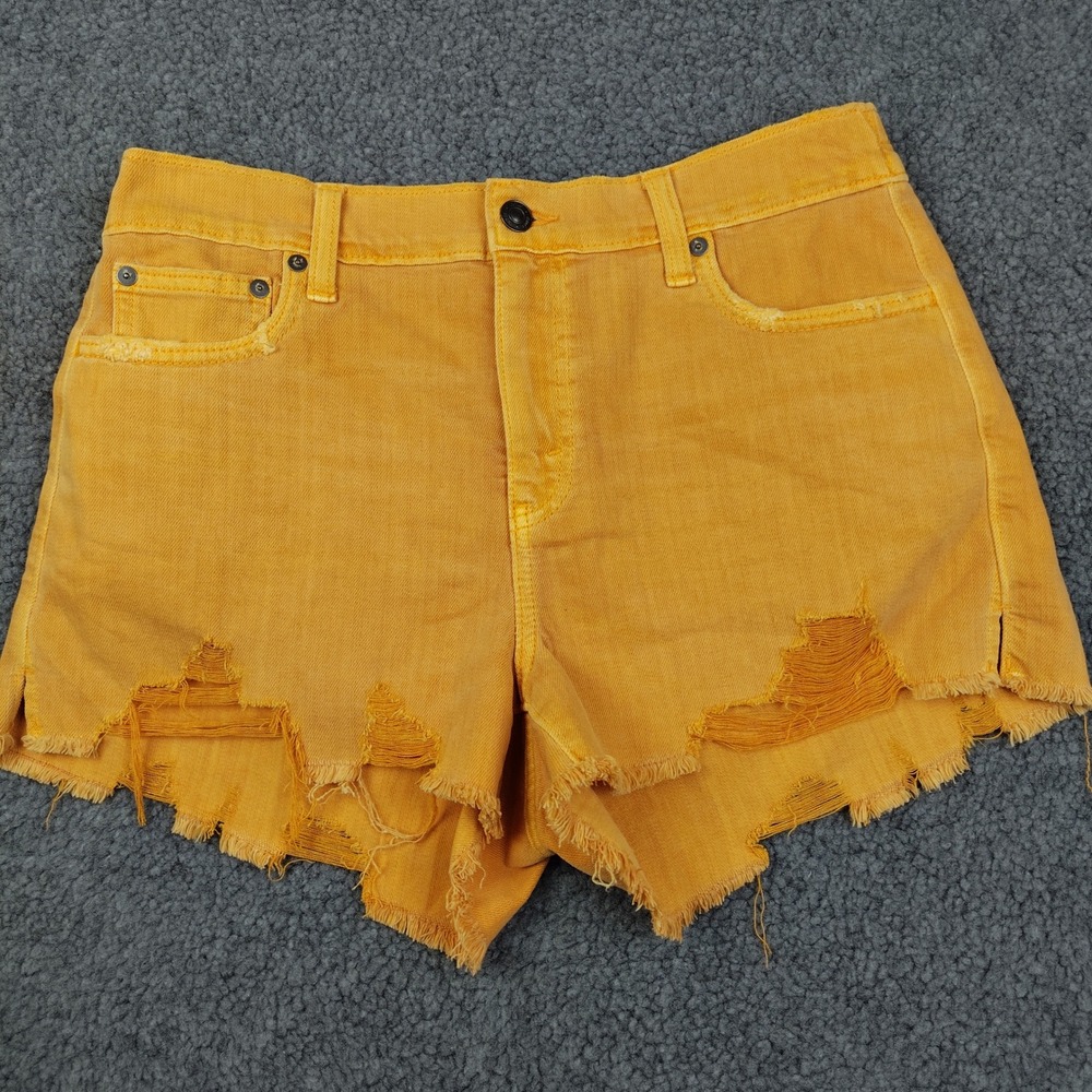 Aerie Mustard Yellow Distressed Shorts Denim Stretch High Waisted Sz Medium NWT